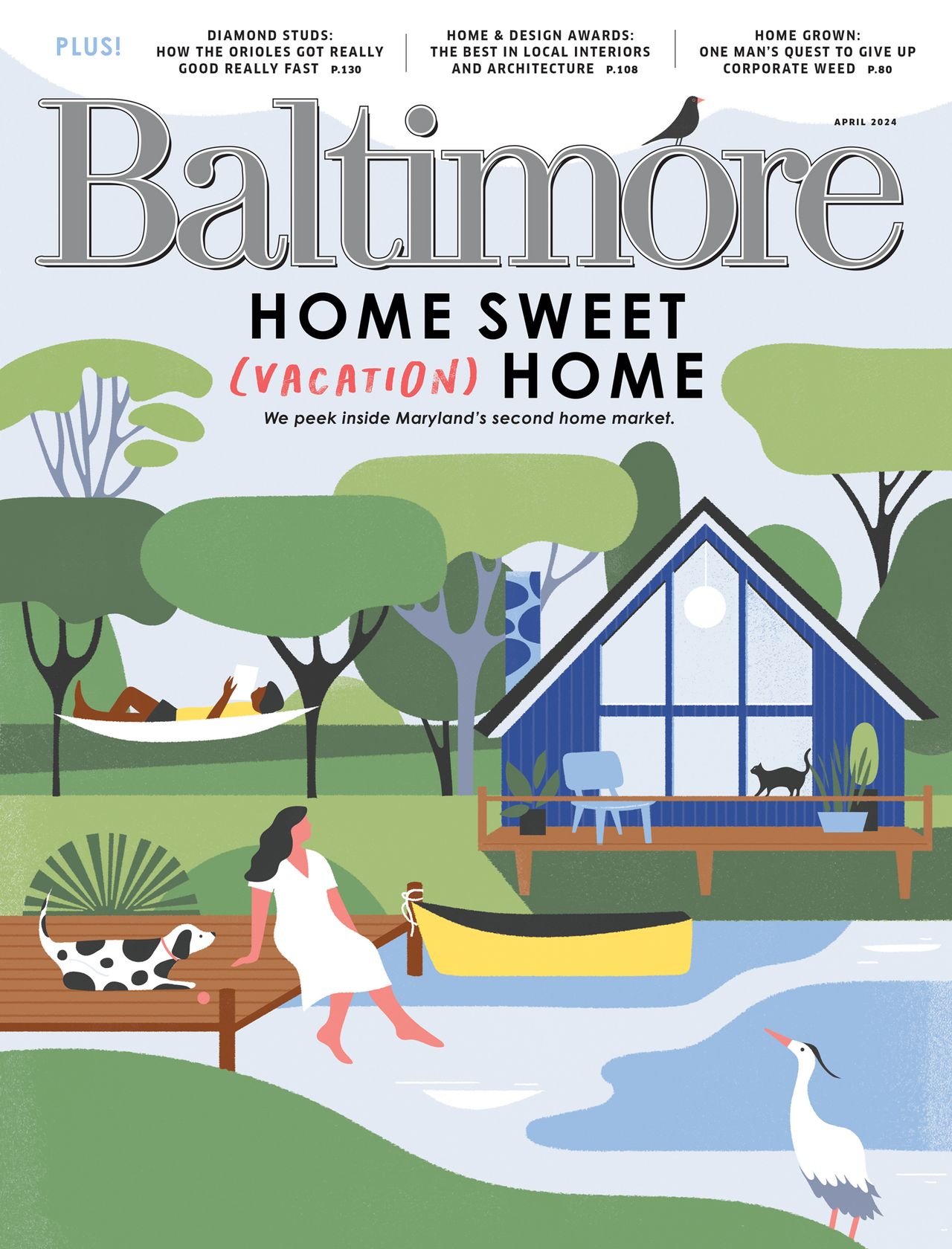 Baltimore Magazine cover illustration showing a vacation house by a lake